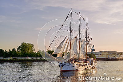 The tall sail ship GroÃŸherzogin Elisabeth in scenic evening sunlight Editorial Stock Photo